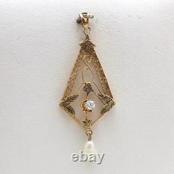 Art Nouveau 14k Rose Green Gold Natural Old Mine Cut Diamond Pearl Charm Pendant