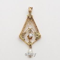 Art Nouveau 14k Rose Green Gold Natural Old Mine Cut Diamond Pearl Charm Pendant