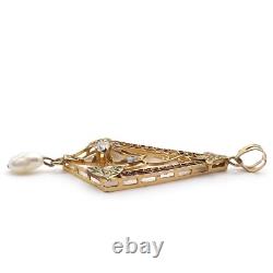 Art Nouveau 14k Rose Green Gold Natural Old Mine Cut Diamond Pearl Charm Pendant