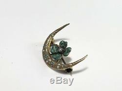 Art Nouveau 14k Yellow Gold Green Enamel Flower Seed Pearl Half Moon Pin