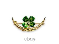 Art Nouveau 14k Yellow Gold Green Enamel Round Pearl Flower Pin Brooch