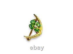 Art Nouveau 14k Yellow Gold Green Enamel Round Pearl Flower Pin Brooch