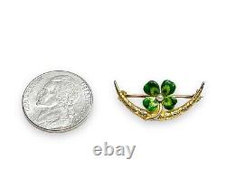 Art Nouveau 14k Yellow Gold Green Enamel Round Pearl Flower Pin Brooch