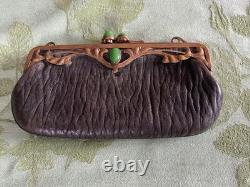 Art Nouveau (1890-1910) Ladies Purse Bag with Metal Brass detail + Green gem
