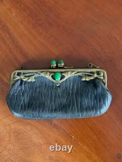 Art Nouveau (1890-1910) Ladies Purse Bag with Metal Brass detail + Green gem