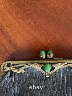 Art Nouveau (1890-1910) Ladies Purse Bag with Metal Brass detail + Green gem