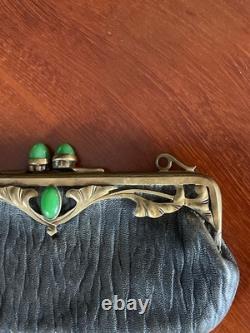 Art Nouveau (1890-1910) Ladies Purse Bag with Metal Brass detail + Green gem