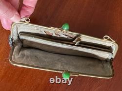 Art Nouveau (1890-1910) Ladies Purse Bag with Metal Brass detail + Green gem
