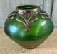 Art Nouveau 1900s Antique Green Austria Glass Vase With Metal Decoration