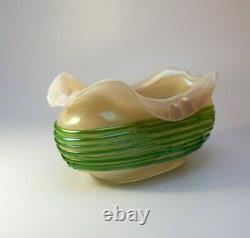 Art Nouveau 1900s Kralik Iridescent Bohemian Glass Bowl Applied Green Trailing