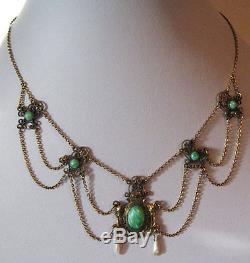 Art Nouveau 1920's Antique Brass Green Swirl Art Glass Dangle Chains Necklace