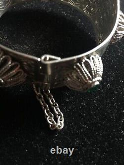 Art Nouveau 3-D Silver Tone Etched Cuff Bracelet Pin Clasp and Safety Chain