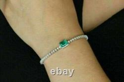 Art Nouveau 7Carat Green Emerald & Diamond Tennis Bracelet 14K White Gold Over