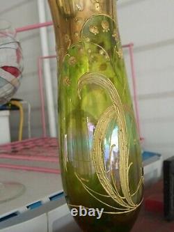 Art Nouveau 8 Moser Bohemian Green Gilded Floral Pedestal Vase Polished Pontil