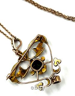 Art Nouveau 9CT Gold Peridot & Seed Pearl Heart Pendant Brooch 9CT Chain