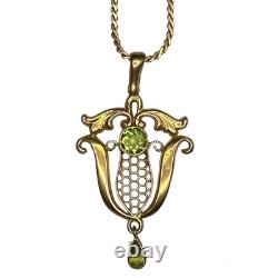Art Nouveau 9K Yellow Gold w Green Peridot Necklace Pendant Vintage