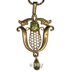 Art Nouveau 9K Yellow Gold w Green Peridot Necklace Pendant Vintage
