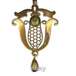 Art Nouveau 9K Yellow Gold w Green Peridot Necklace Pendant Vintage
