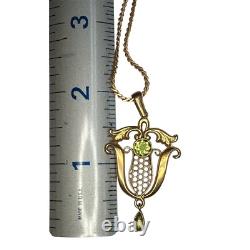 Art Nouveau 9K Yellow Gold w Green Peridot Necklace Pendant Vintage