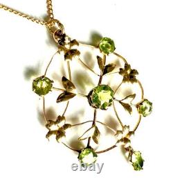 Art Nouveau 9ct Gold Peridot Pendant & 9k Chain antique lavallière 3.1g Belle
