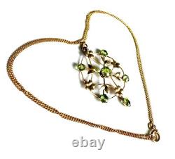 Art Nouveau 9ct Gold Peridot Pendant & 9k Chain antique lavallière 3.1g Belle