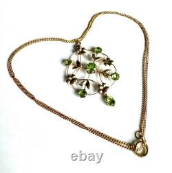 Art Nouveau 9ct Gold Peridot Pendant & 9k Chain antique lavallière 3.1g Belle