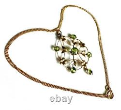 Art Nouveau 9ct Gold Peridot Pendant & 9k Chain antique lavallière 3.1g Belle