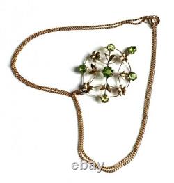Art Nouveau 9ct Gold Peridot Pendant & 9k Chain antique lavallière 3.1g Belle