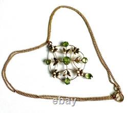 Art Nouveau 9ct Gold Peridot Pendant & 9k Chain antique lavallière 3.1g Belle