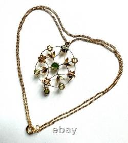 Art Nouveau 9ct Gold Peridot Pendant & 9k Chain antique lavallière 3.1g Belle