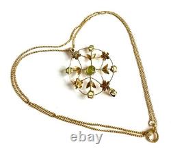 Art Nouveau 9ct Gold Peridot Pendant & 9k Chain antique lavallière 3.1g Belle