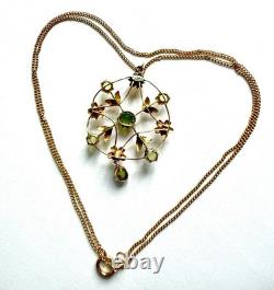 Art Nouveau 9ct Gold Peridot Pendant & 9k Chain antique lavallière 3.1g Belle