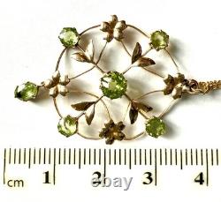Art Nouveau 9ct Gold Peridot Pendant & 9k Chain antique lavallière 3.1g Belle