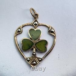 Art Nouveau 9ct Rose Gold Marcasite Heart Green Enamel Irish Shamrock Pendant