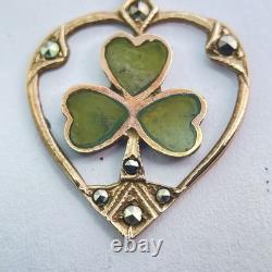 Art Nouveau 9ct Rose Gold Marcasite Heart Green Enamel Irish Shamrock Pendant