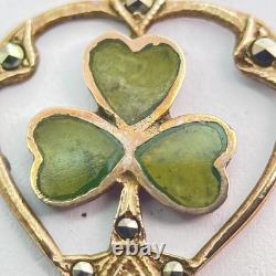 Art Nouveau 9ct Rose Gold Marcasite Heart Green Enamel Irish Shamrock Pendant