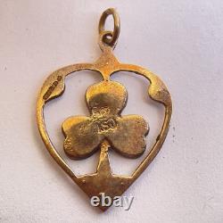 Art Nouveau 9ct Rose Gold Marcasite Heart Green Enamel Irish Shamrock Pendant