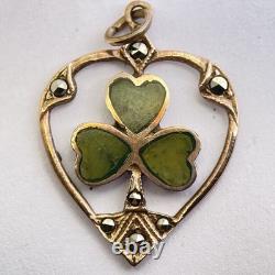 Art Nouveau 9ct Rose Gold Marcasite Heart Green Enamel Irish Shamrock Pendant