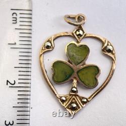 Art Nouveau 9ct Rose Gold Marcasite Heart Green Enamel Irish Shamrock Pendant