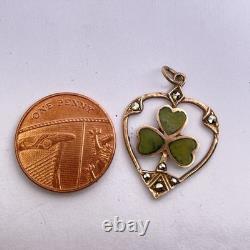 Art Nouveau 9ct Rose Gold Marcasite Heart Green Enamel Irish Shamrock Pendant