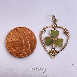 Art Nouveau 9ct Rose Gold Marcasite Heart Green Enamel Irish Shamrock Pendant