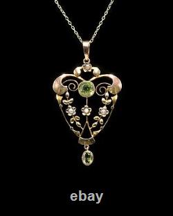 Art Nouveau 9ct gold peridot and pearl pendant with chain