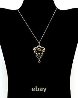 Art Nouveau 9ct gold peridot and pearl pendant with chain