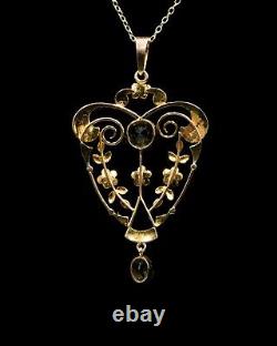 Art Nouveau 9ct gold peridot and pearl pendant with chain