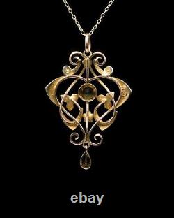 Art Nouveau 9ct gold peridot and pearl pendant with chain
