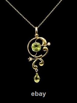Art Nouveau 9ct gold peridot and pearl pendant with vintage chain
