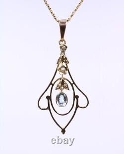 Art Nouveau 9ct rose gold aquamarine and pearl pendant