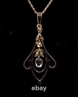 Art Nouveau 9ct rose gold aquamarine and pearl pendant