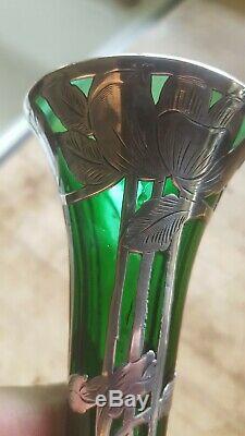 Art Nouveau American Emerald Green Glass & Sterling Silver Overlay