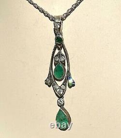 Art Nouveau Antique 14K White Gold Emerald Diamond Garland Swag Pendant Scrolls
